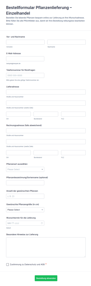 Lieferauftrag Für Lebende Pflanzen Formular