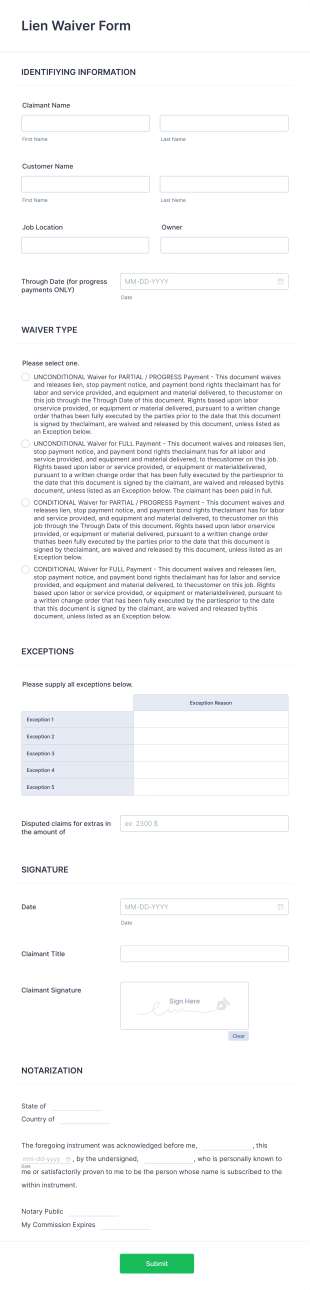 Lien Waiver Form Template