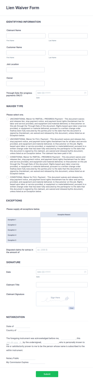 Lien Waiver Form Template