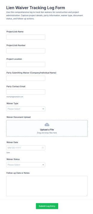 Lien Waiver Tracking Log Form Template