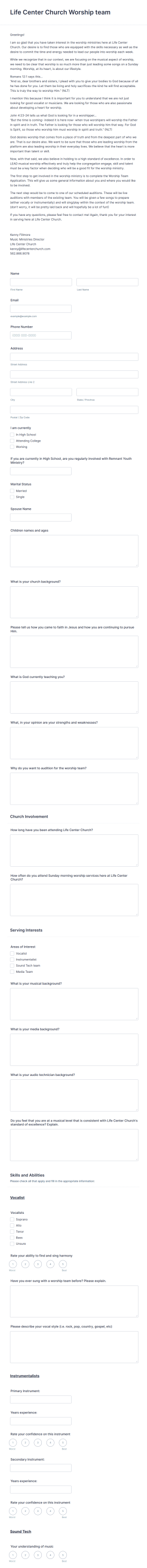Church Worship Team Application Form Template
