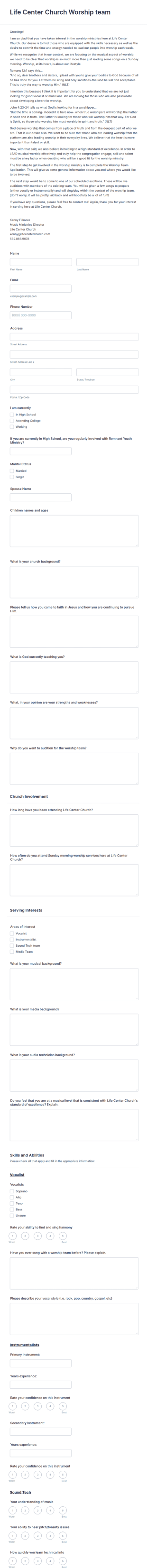 Church Worship Team Application Form Template