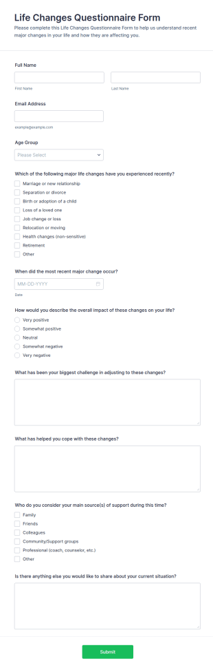 Life Changes Questionnaire Form Template