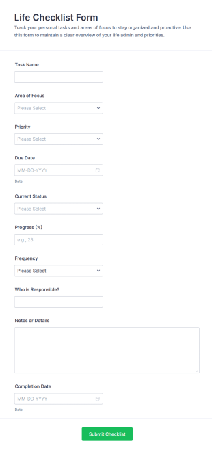 Life Checklist Form Template