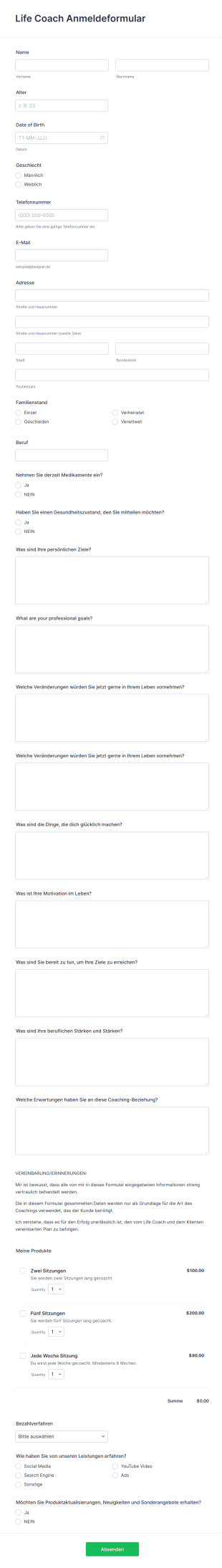 Life Coach Anmeldeformular Form Template