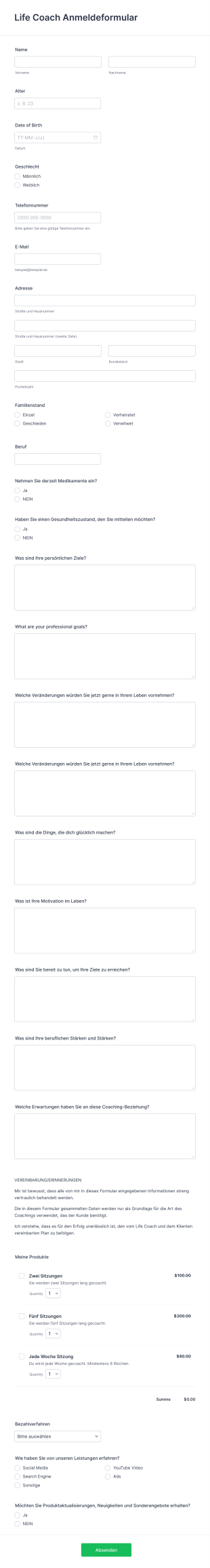 Life Coach Anmeldeformular Form Template