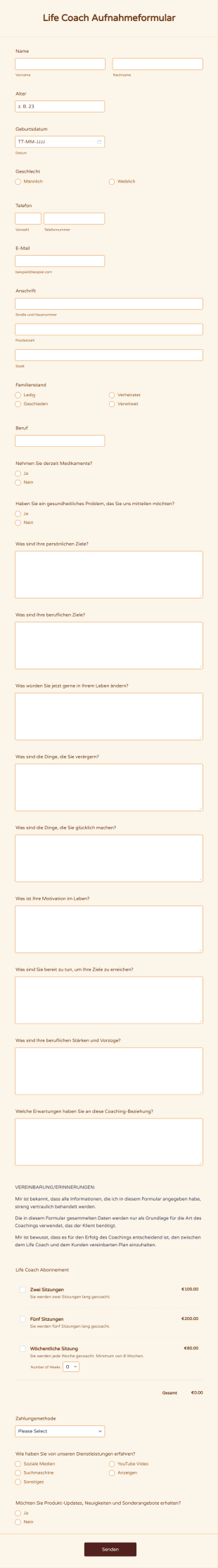 Life Coach Aufnahmeformular Form Template