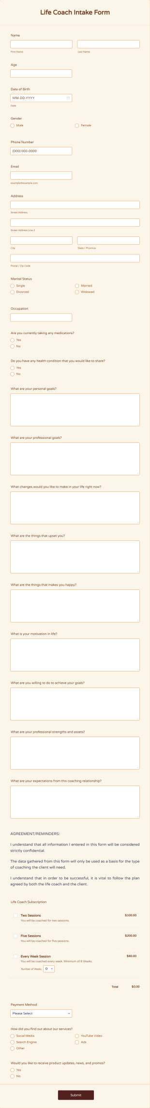 Life Coach Intake Form Template