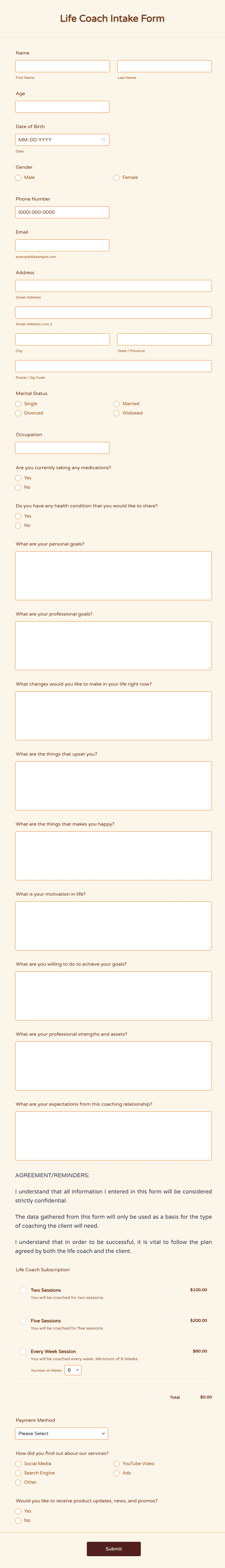 Life Intake Form Examples Life Coach Intake Form Template | Jotform