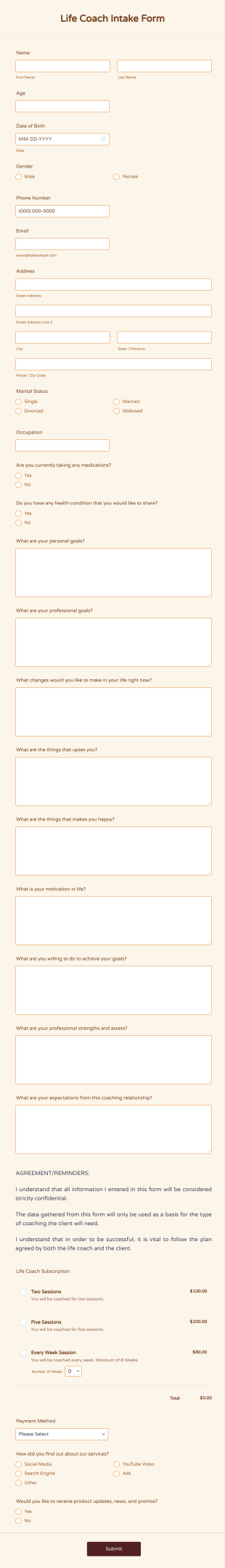 Life Coach Intake Form Template