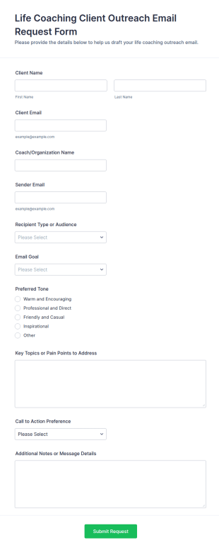 Life Coaching Client Outreach Email Request Form Template
