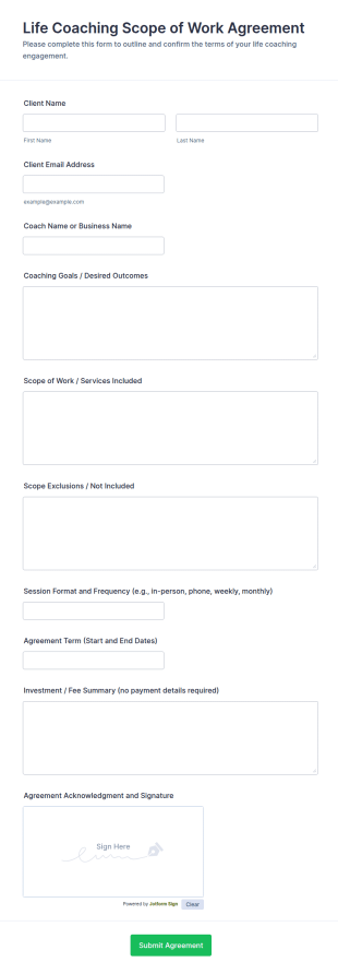Life Coaching Scope Of Work Agreement Form Template