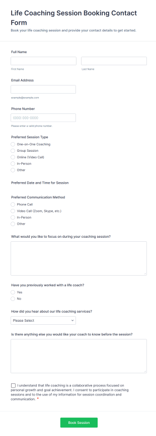 Life Coaching Session Booking Contact Form Template