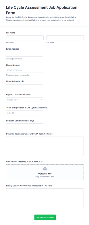 Life Cycle Assessment Job Application Form Template