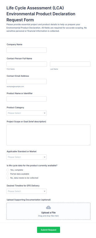 Life Cycle Assessment (LCA) Environmental Product Declaration Request Form Template