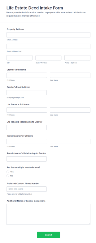 Life Estate Deed Intake Form Template