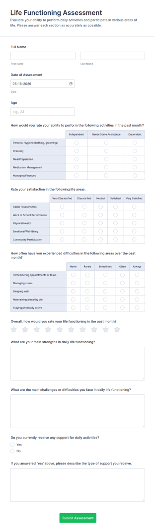 Life Functioning Assessment Form Template