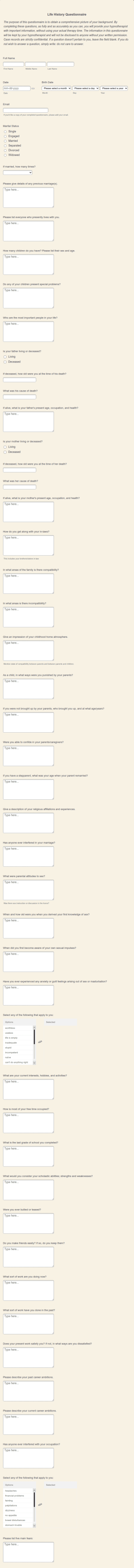 Life History Questionnaire Form Template