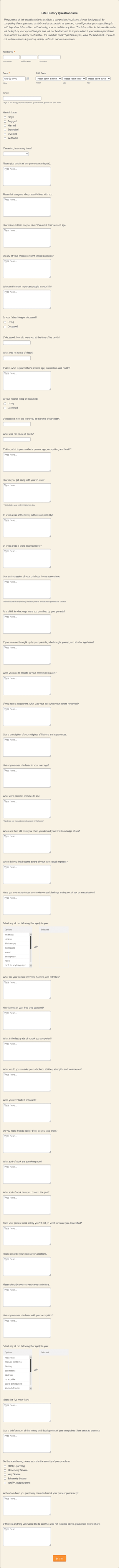 Life History Questionnaire Form Template