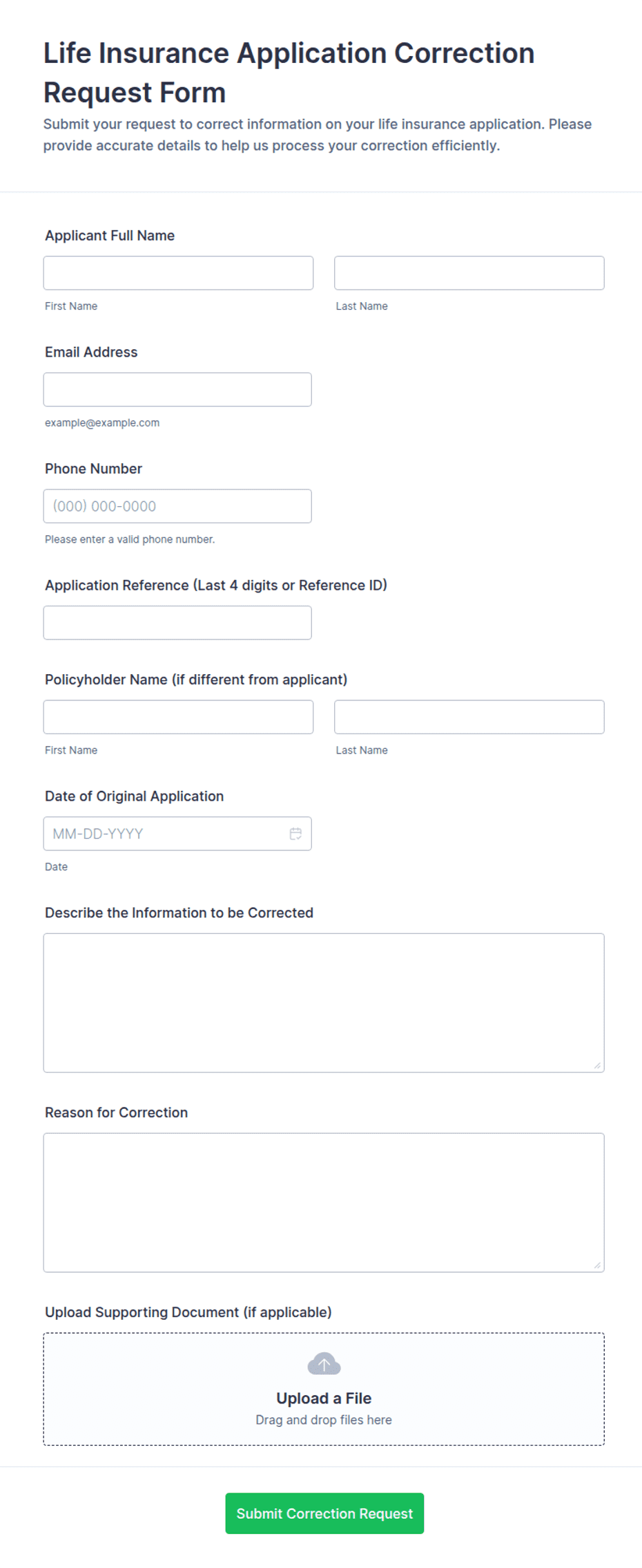Life Insurance Application Correction Request Form Template | Jotform