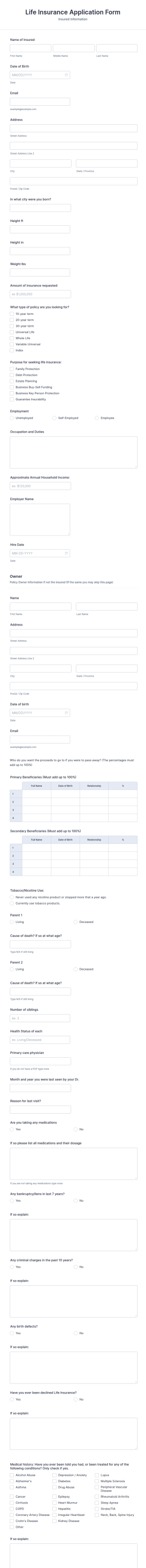 Life Insurance Application Form Template