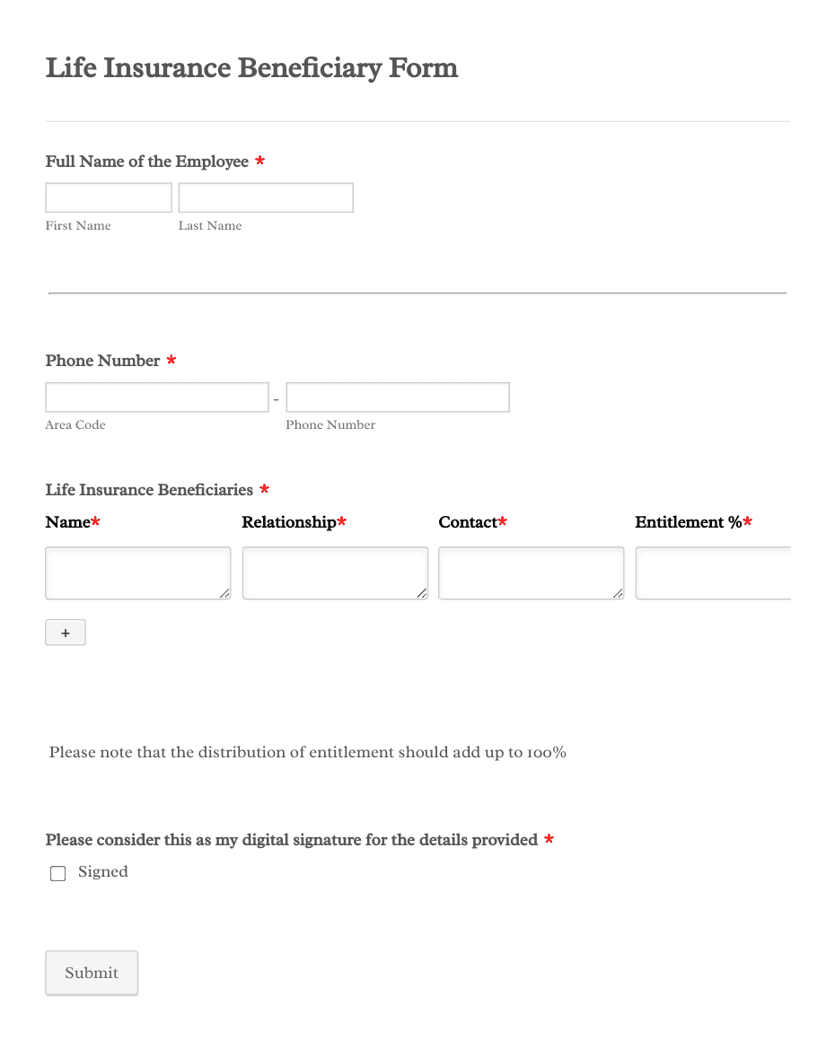 Life Insurance Beneficiary Form Template | Jotform life-insurance-beneficiary-form-template-jotform
