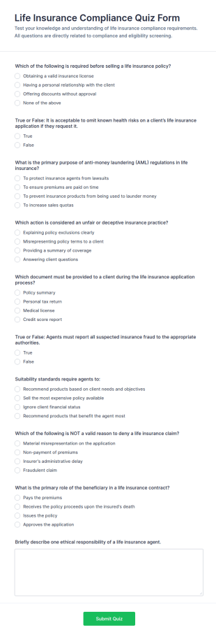 Life Insurance Compliance Quiz Form Template