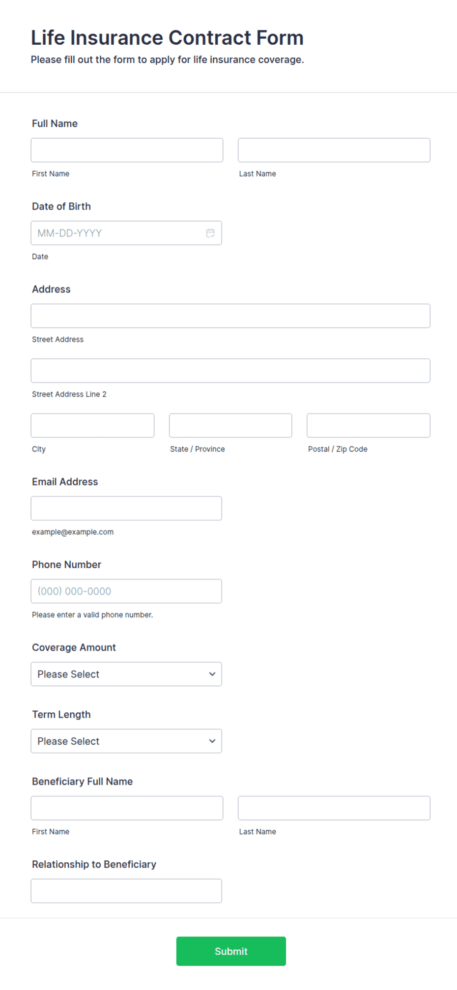 Personal Insurance Contract Life Insurance Contract Form Template | Jotform