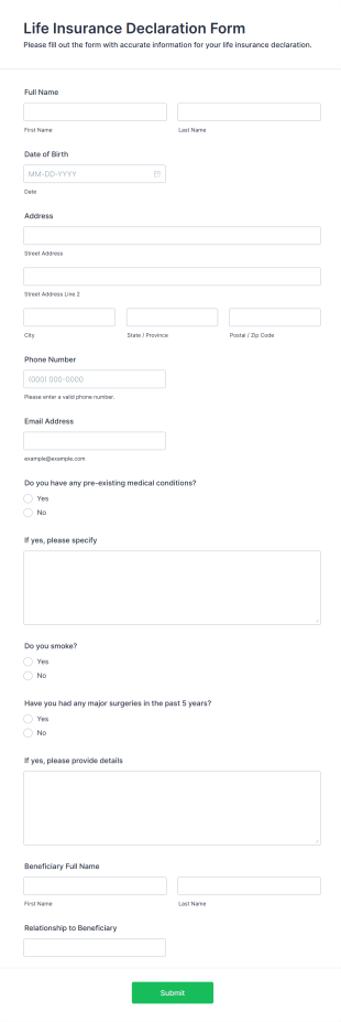 Life Insurance Declaration Form Form Template