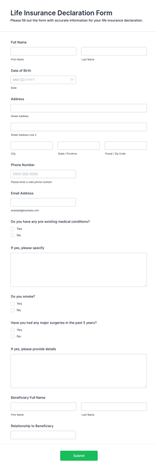 Life Insurance Declaration Form Template