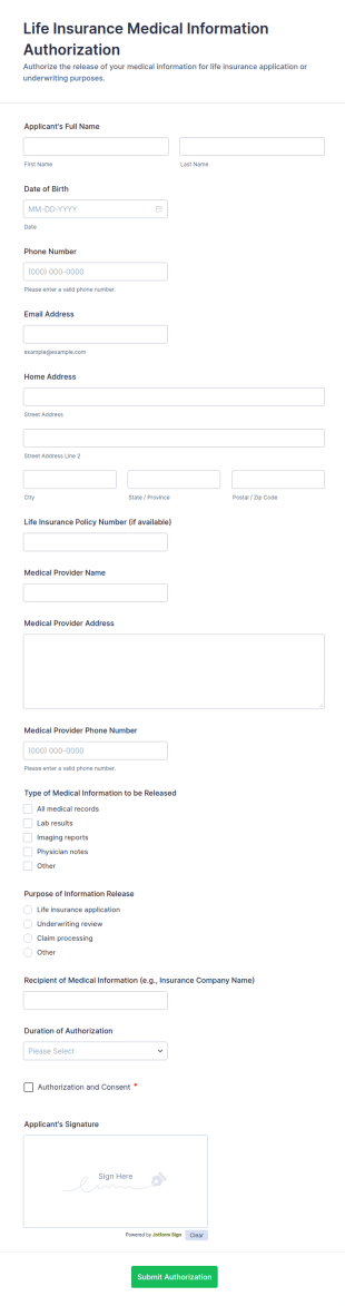 Life Insurance Medical Information Authorization Form Template