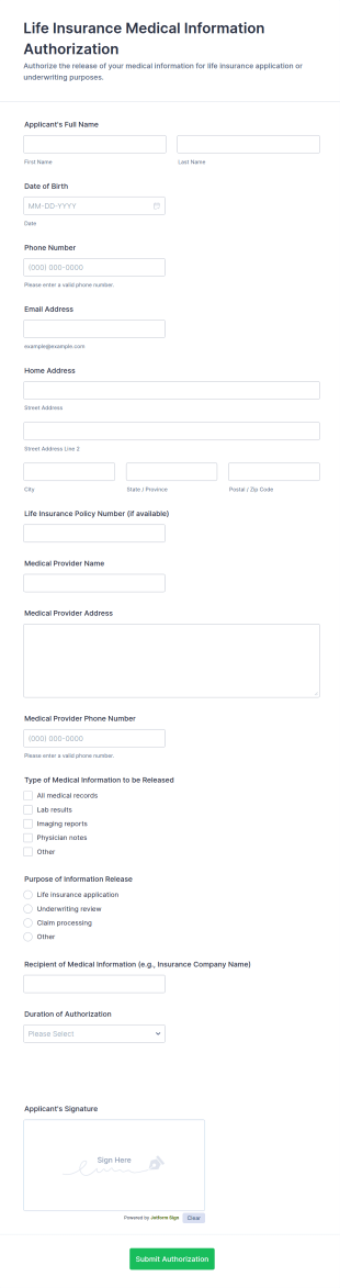 Life Insurance Medical Information Authorization Form Template