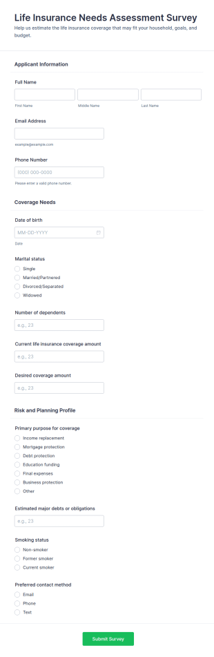 Life Insurance Needs Assessment Survey Form Template