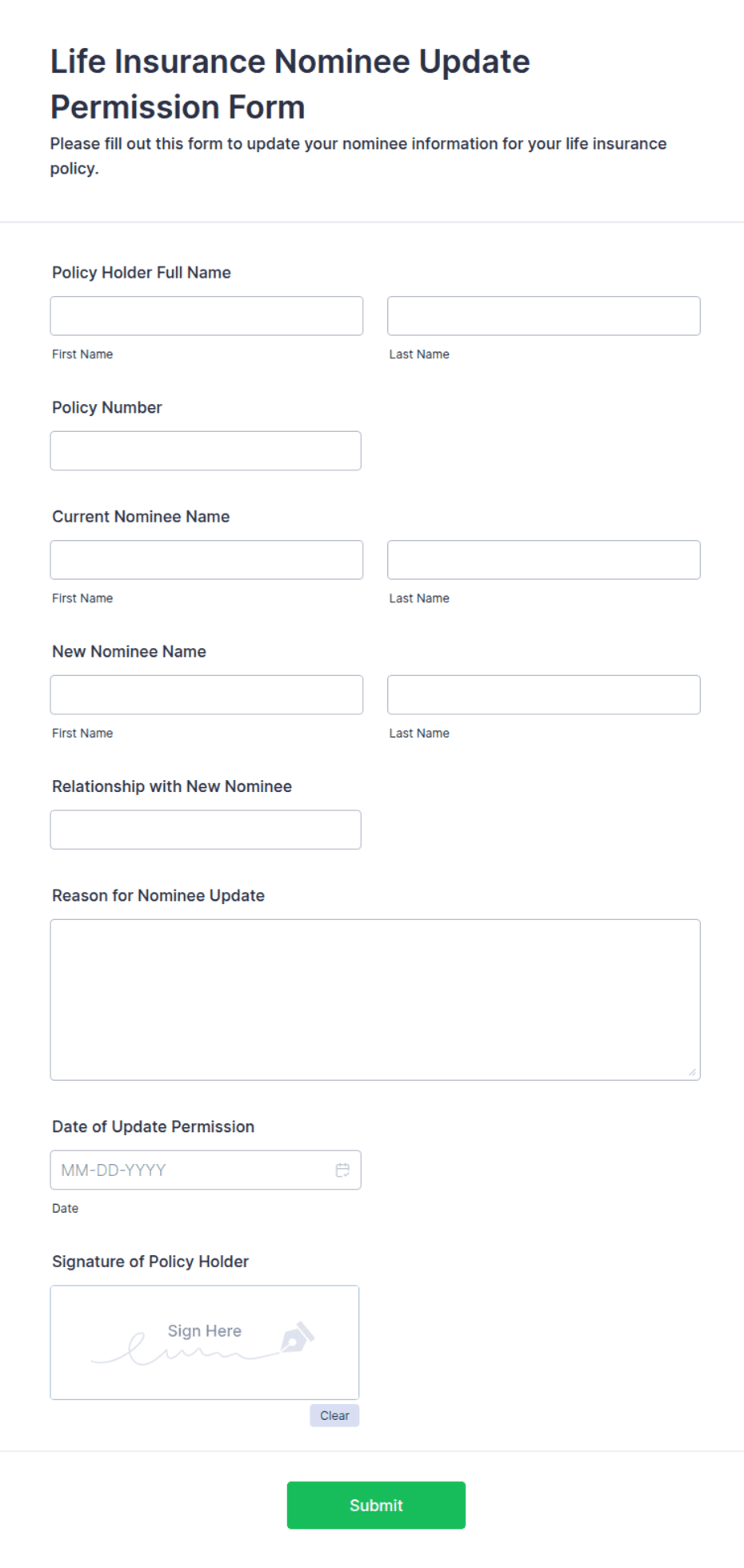 Life Insurance Nominee Update Permission Form Template | Jotform