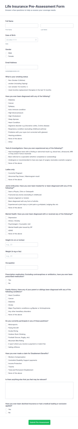 Life Insurance Pre Assessment Form Template