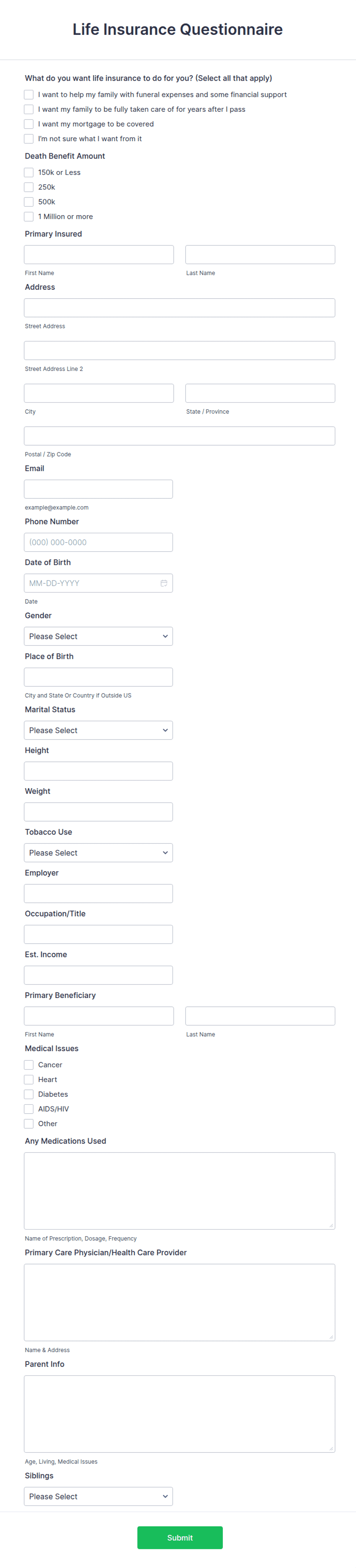 Life Insurance Questionnaire Form Template | Jotform