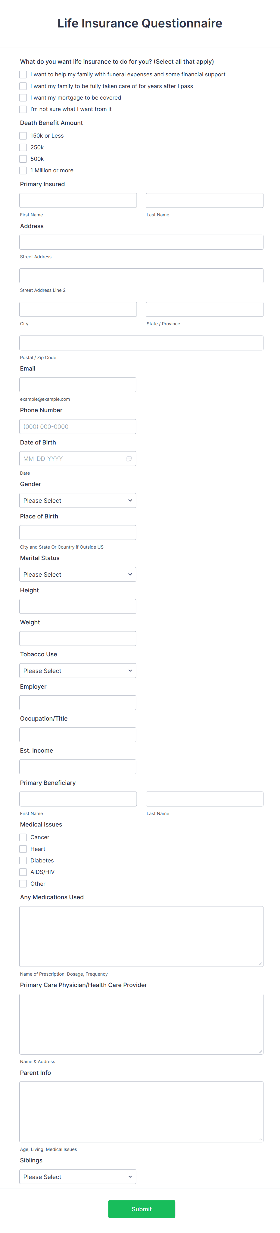 Life Insurance Questionnaire Form Template | Jotform