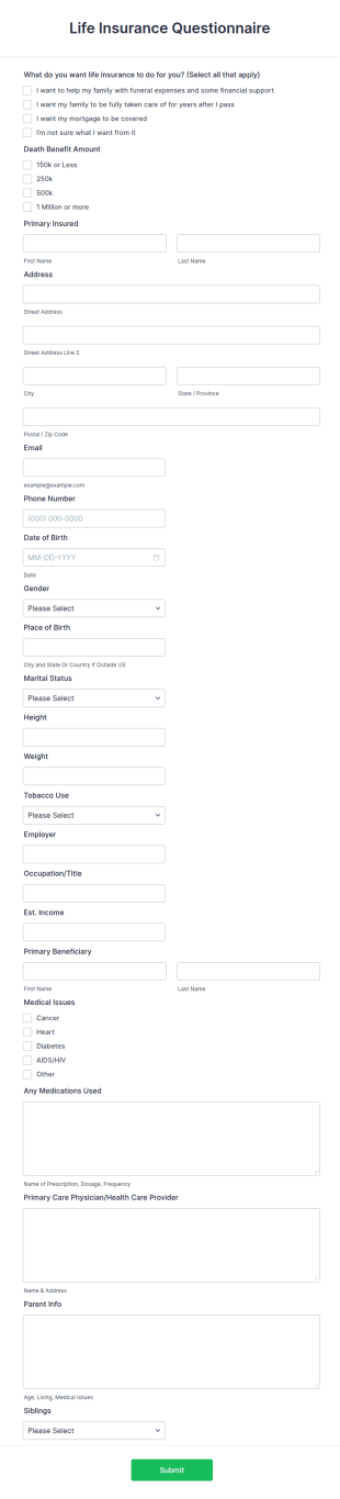 Life Insurance Questionnaire Form Template