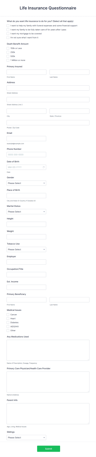 Life Insurance Questionnaire Form Template