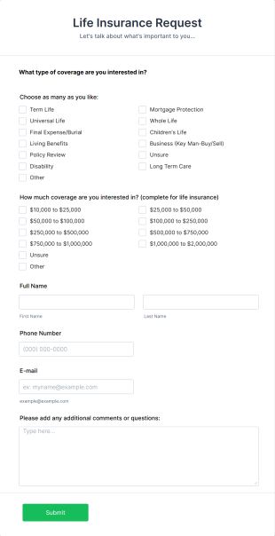 Life Insurance Quote Request Form Template