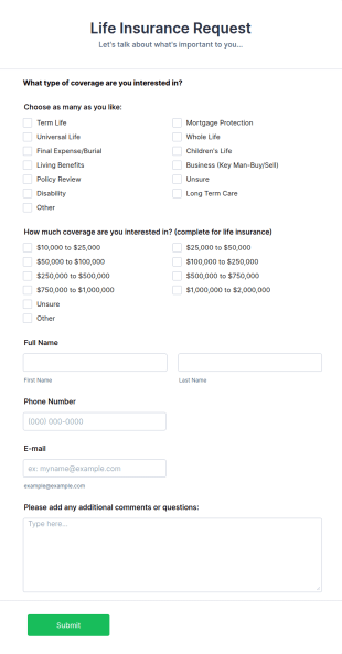 Life Insurance Quote Request Form Template