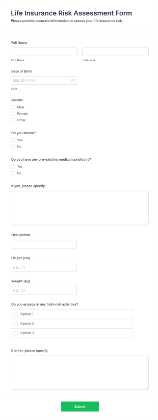 Life Insurance Risk Assessment Form Form Template