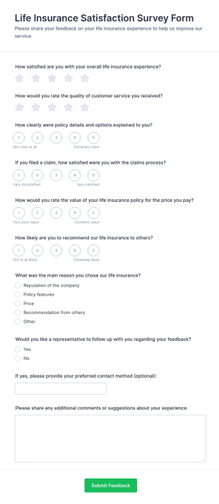 Life Insurance Satisfaction Survey Form Template