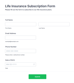 Life Insurance Subscription Form Form Template