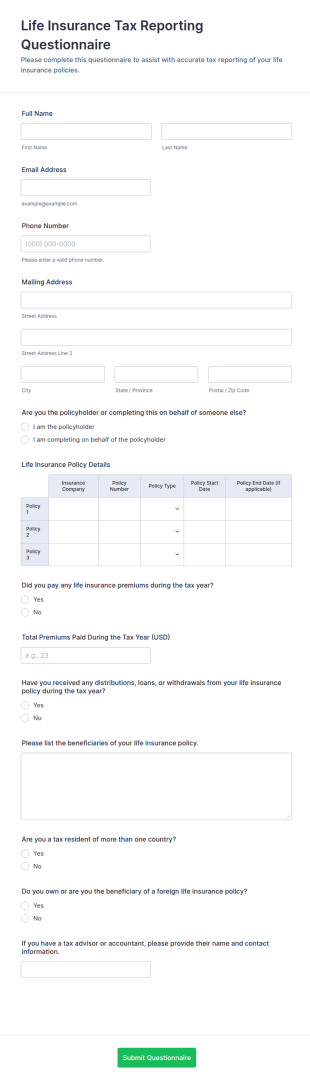 Life Insurance Tax Reporting Questionnaire Form Template