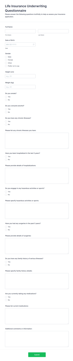 Life Insurance Underwriting Questionnaire Form Template