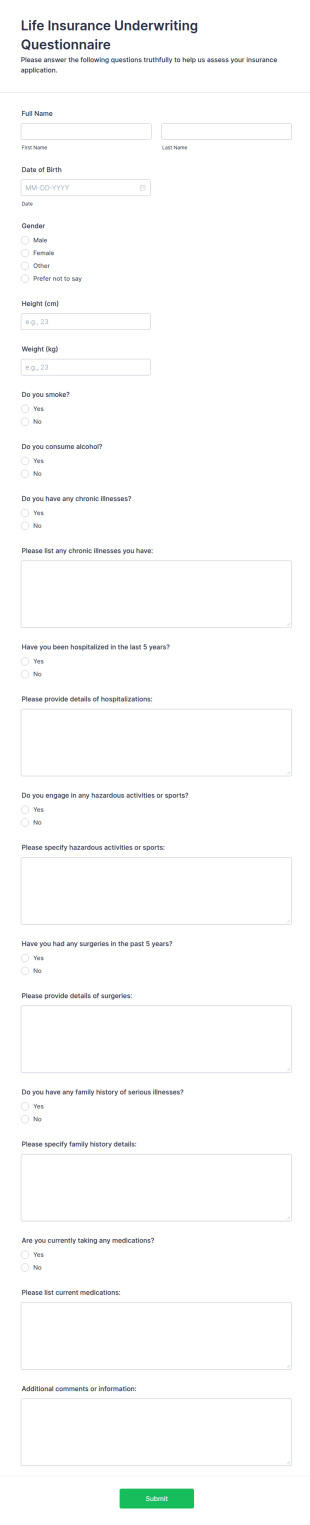 Life Insurance Underwriting Questionnaire Form Template