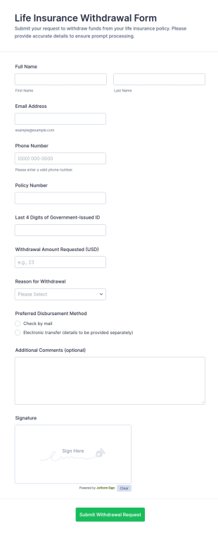 Life Insurance Withdrawal Form Template