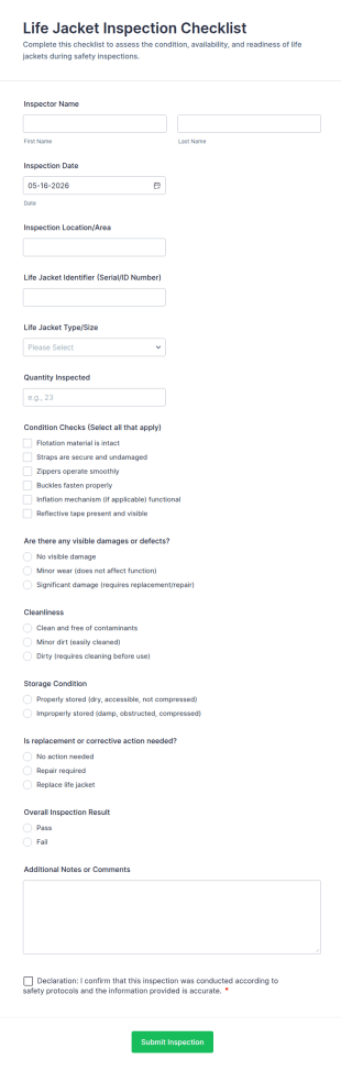 Life Jacket Inspection Checklist Form Template
