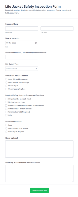 Life Jacket Safety Inspection Form Template